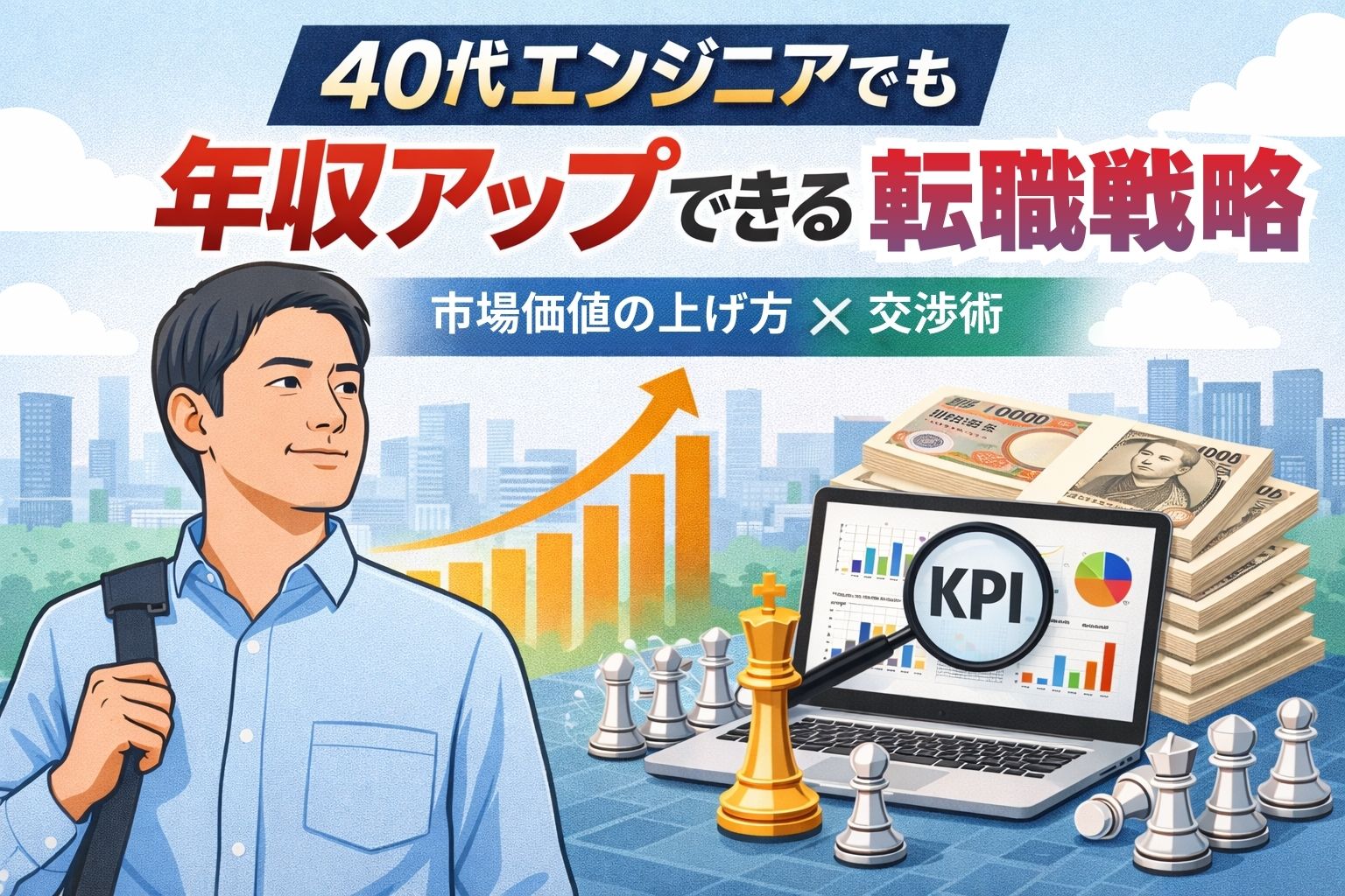 40代エンジニアが年収アップを目指す転職戦略を表すイラスト。成長グラフやKPI、ノートPC、紙幣を背景に市場価値向上を象徴。
