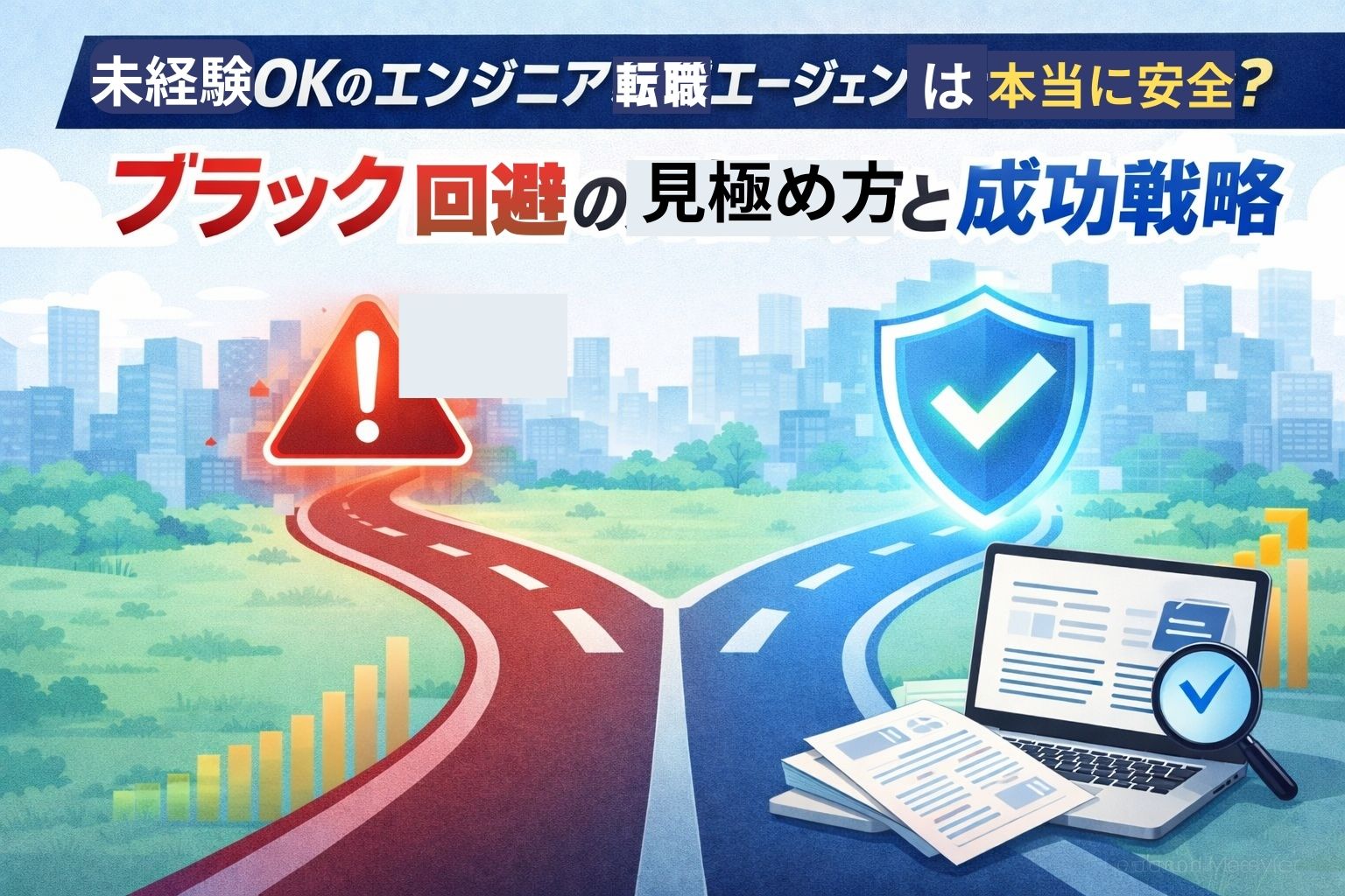 未経験OKエンジニア転職エージェントの安全性とブラック回避を分岐構図で表現したイラスト