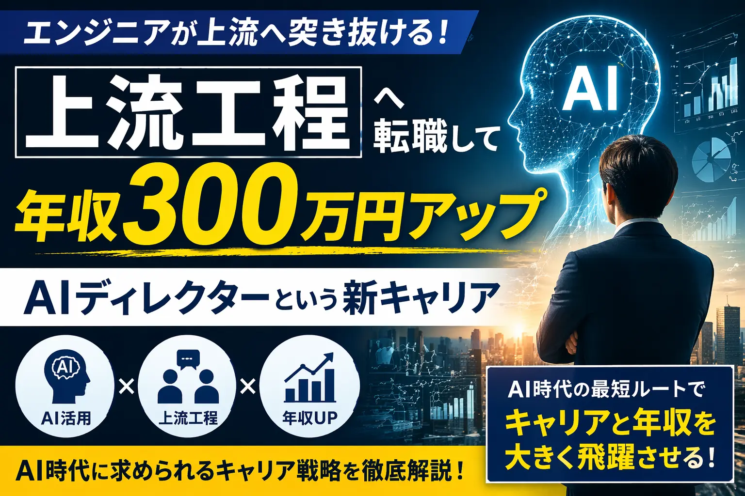 エンジニアが上流工程へ転職しAIディレクターとして年収300万円アップを目指すキャリア戦略のイメージ